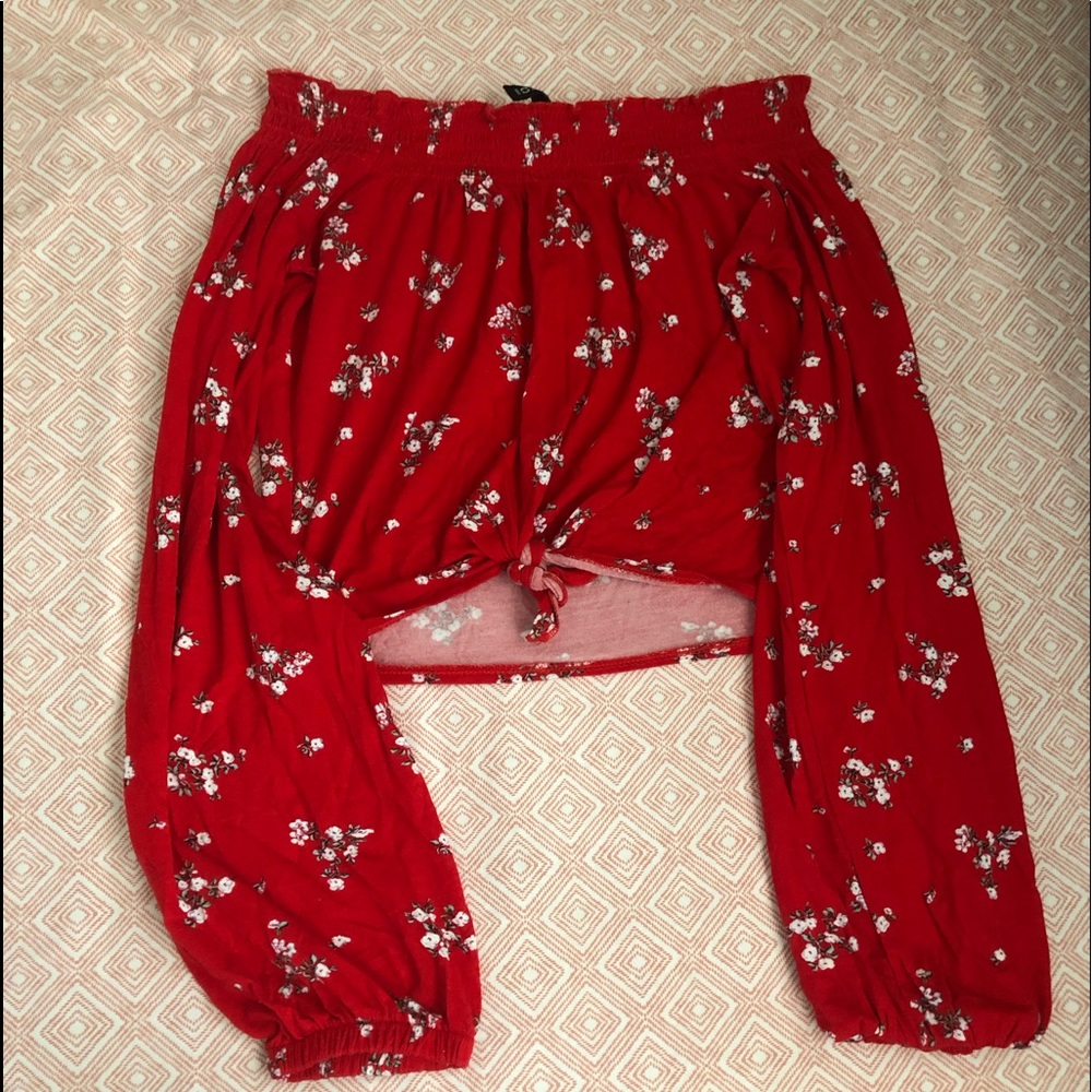 Red floral off the shoulder long sleeve top